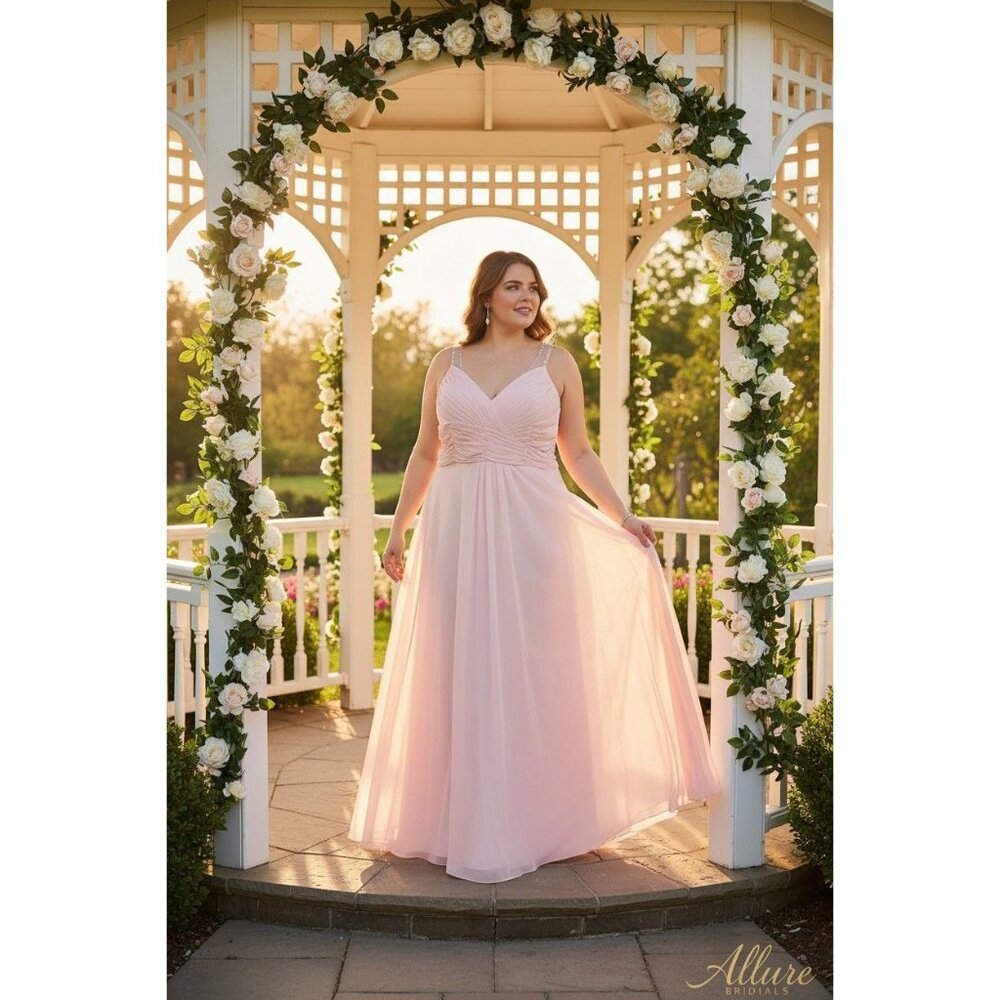 Allure Bridals Pink Pleated Chiffon Bridesmaid Gown Beaded Straps & Sheer Back
